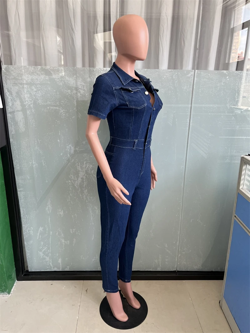 Vintage Denim Jumpsuits for Women Summer Clothing Turn Down Collar Button Up Jeans Rompers Playsuits One Pieces Overalls Outfits