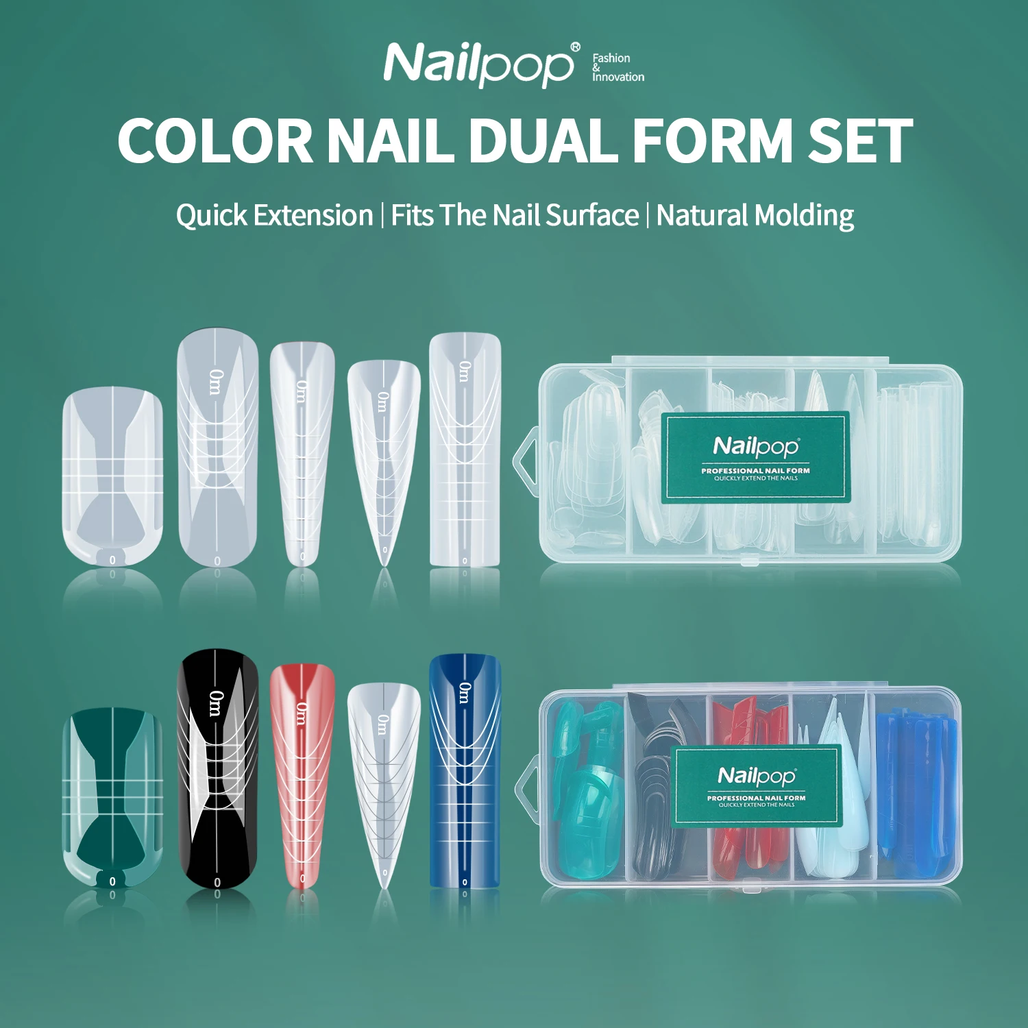 Nailpop Colourful Clear Nail Dual Form Set Embedded Design Nail Dual Shape Full Coverage Extension Nail Mould 75pcs/15 Size