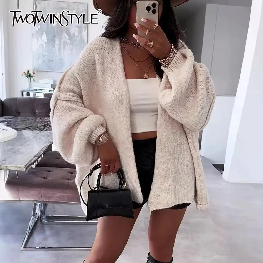

TWOTWINSTYLE French Office Knitted Sweater for Women V Neck Lantern Sleeve Casual Loose Solid Color Cardigan Female Autumn Style