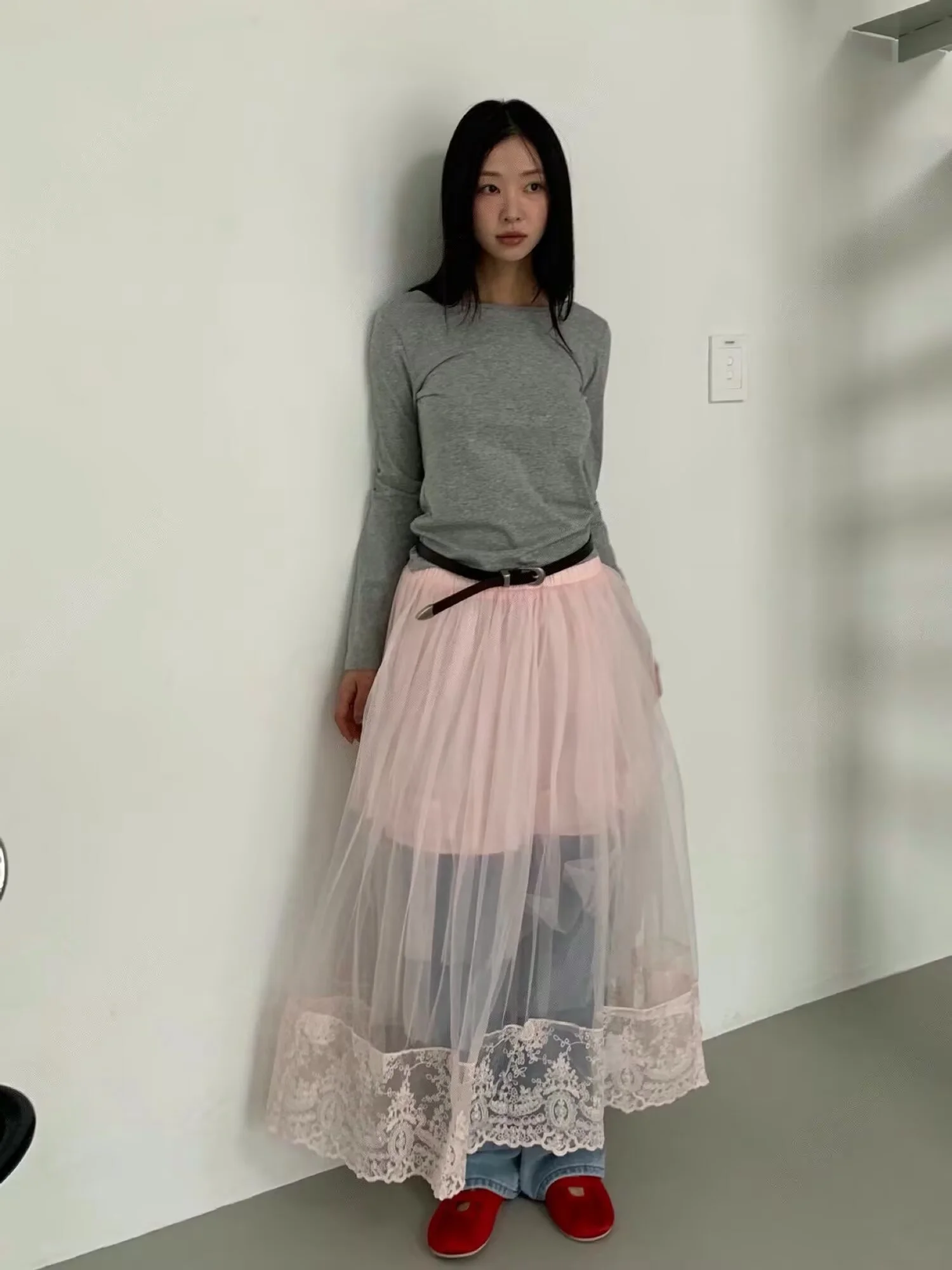3colors 2025 Summer Female long Skirts Women High Waist Mesh Lace long Skirts White Fairy a line skirt womens (JJ9835)
