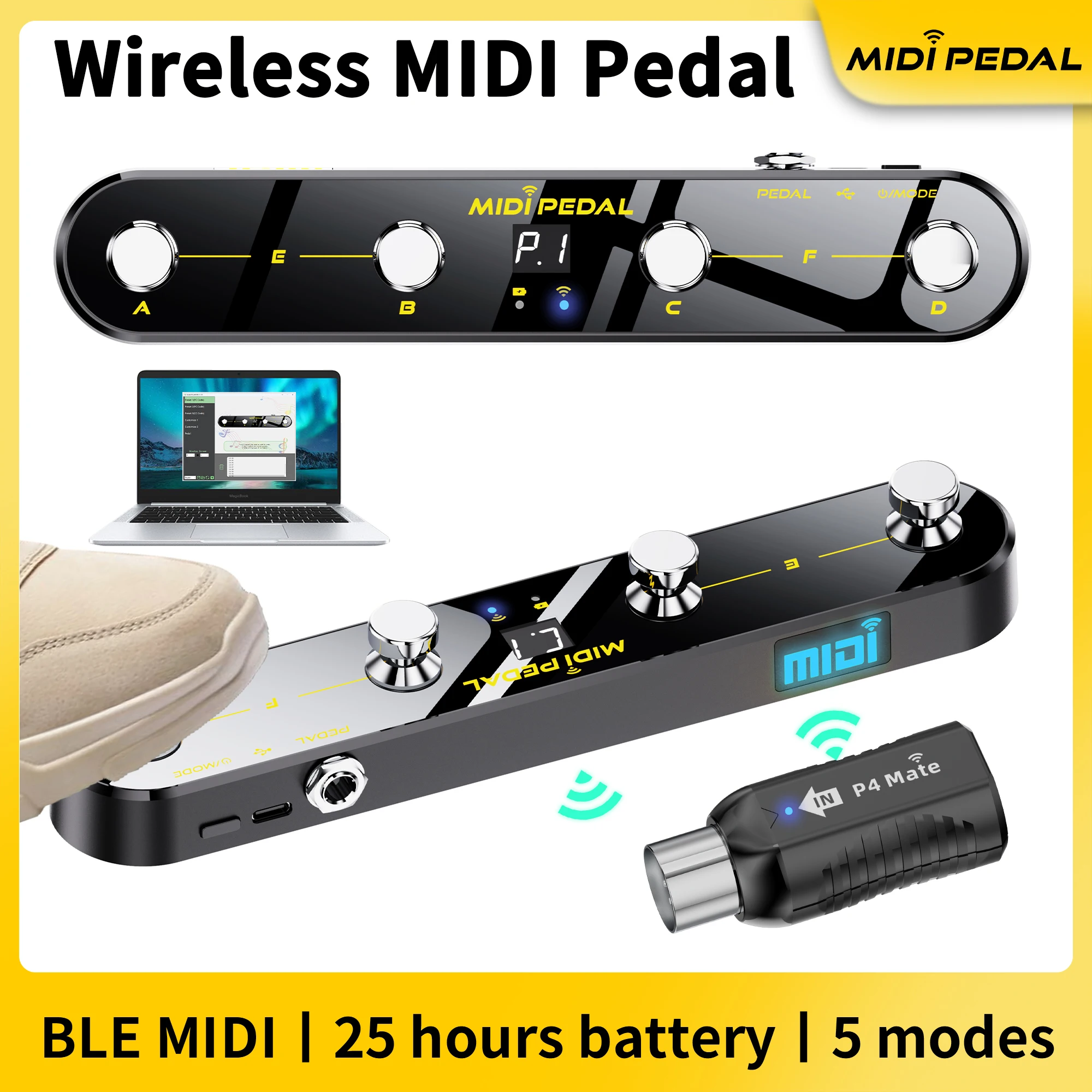 JAMJUM P4 MIDI Controller BT Rechargeable 4 Buttons MIDI Controller Pedal APP Control with Wireless Transmission System