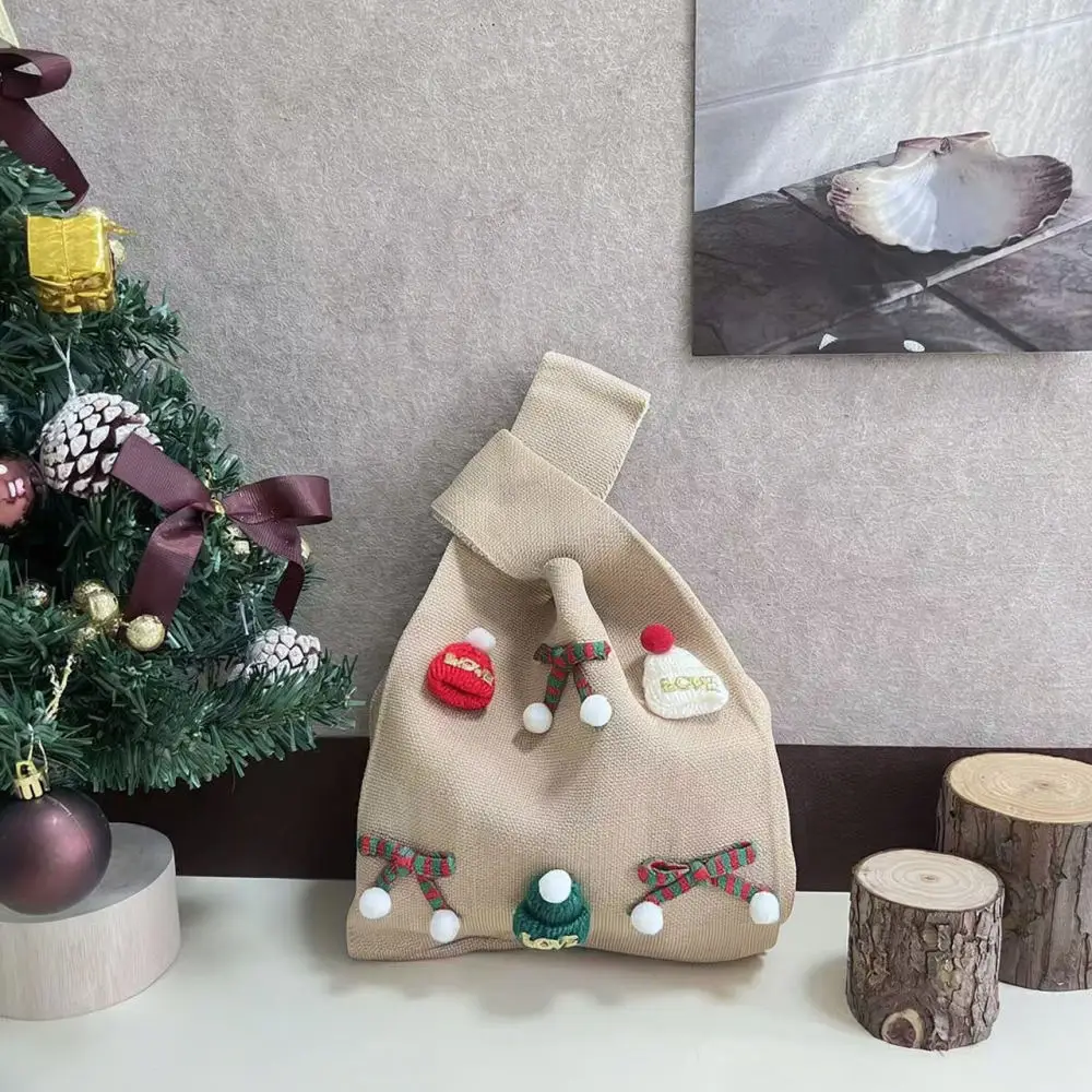 Cute Knitted Handbag Bowknot Decor Tote Bag Christmas Holiday Candy Pouch Soft Elastic Fabric Fashion Daily Casual Purse