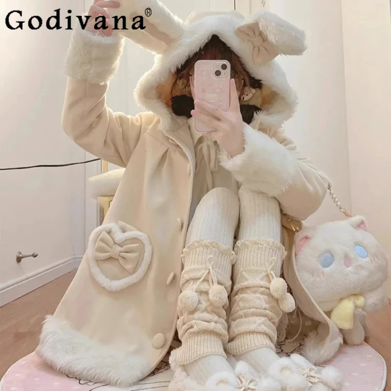 

Winter New Japanese Style Soft Girl Wool Coat Women's Cute Bunny Ears Woolen Coat Female Lolita Sweet Student Overcoat