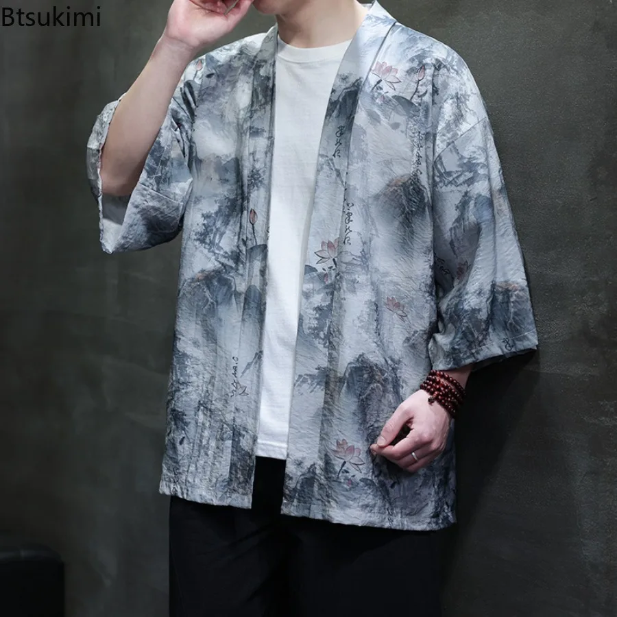 2025 Summer Chinese Style Men's Fashion Ice Silk Cardigan Sunscreen Clothes Harajuku Beach Loose Thin Shirt Coat Plus Size 5XL