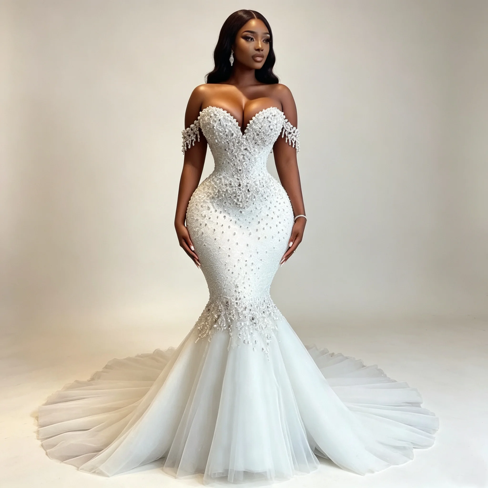 Romantic Mermaid Wedding Dresses For Bride Sparkly Crystals Beading Sequin Tulle Bridal Gowns Customized Lady Formal Party Dress