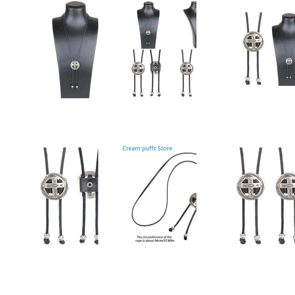50LE 2 Pcs Elegant Black Bolo Tie with Engraved Pendant Cowboy Necktie Western Tie
