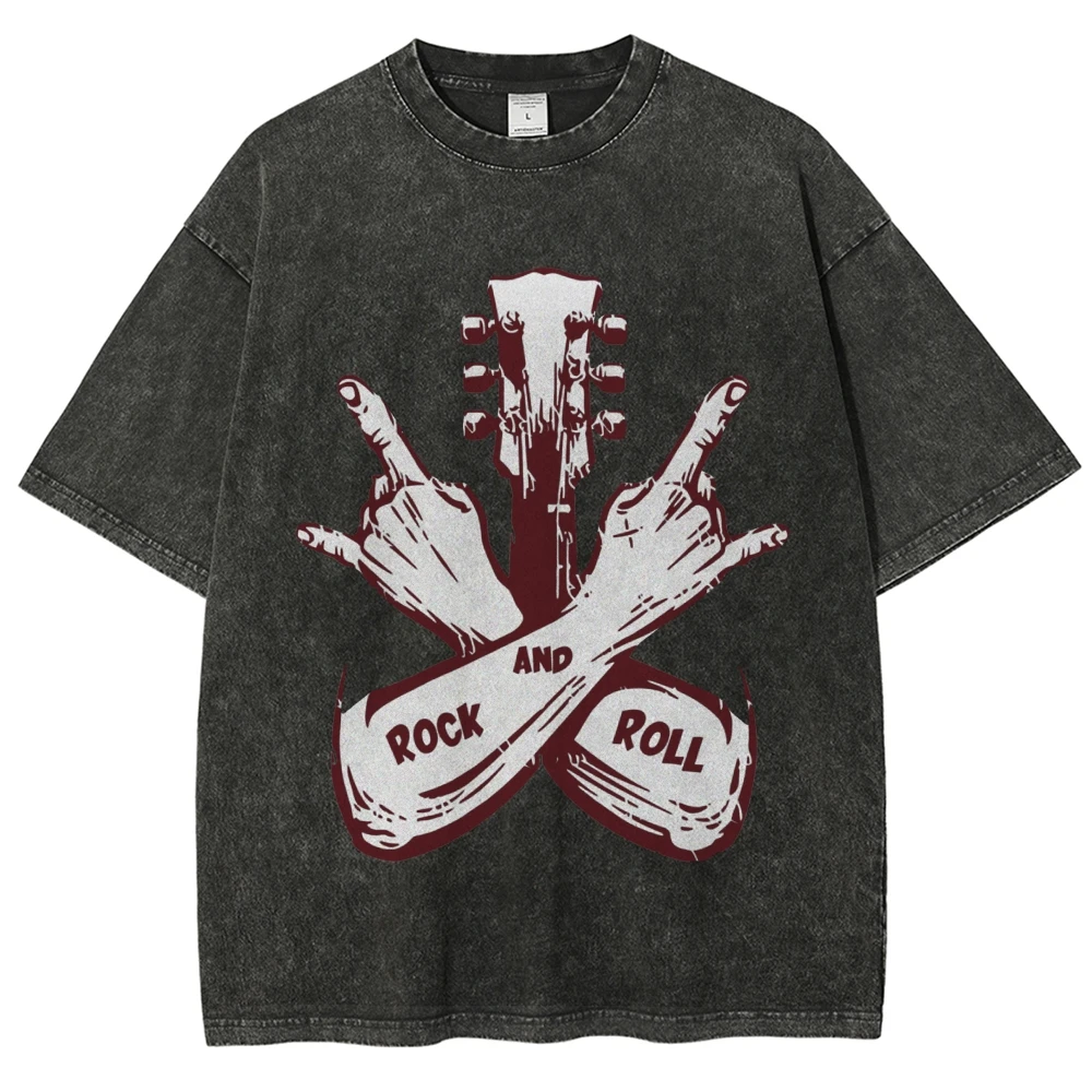 

Graphic T-Shirts for Men - Authentic Rock-n-Roll Shirts, Cowboy-Inspired Printed Washed T-Shirt, Bold Rock Gesture Tee