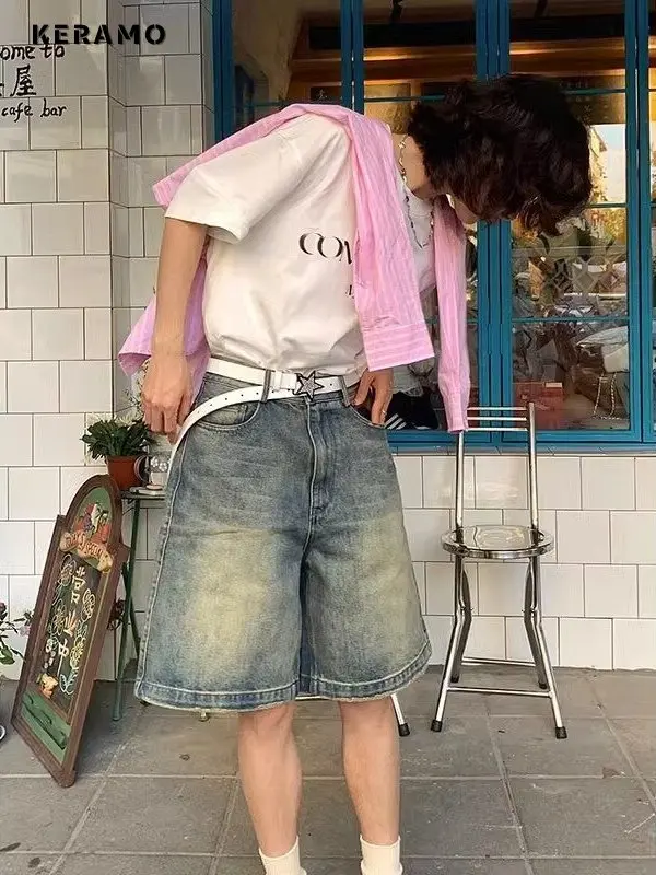 

Retro Knee Length Denim Shorts Grunge 2000s Street High Waist Blue Jeans Women Vintage Casual Y2K Eclectic 2000s Emo Shorts