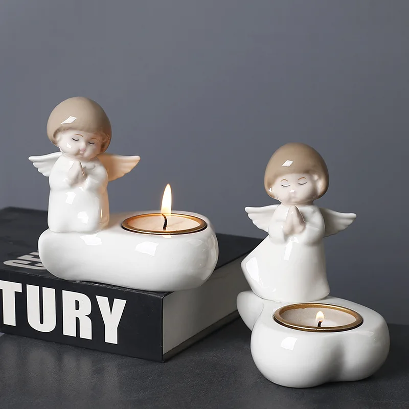 French Cute Angel Cream-colored Ceramic  Art Decoration Simple High Quality Solid Color Candle Holder Dining Room Decor Ornament