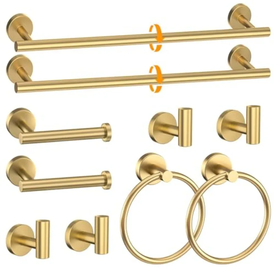 

Brushed Gold 10-Piece Round Bathroom Hardware Set in Stainless Steel with 23.6in Towel Bar Towel Ring Toilet Paper Holder Towel
