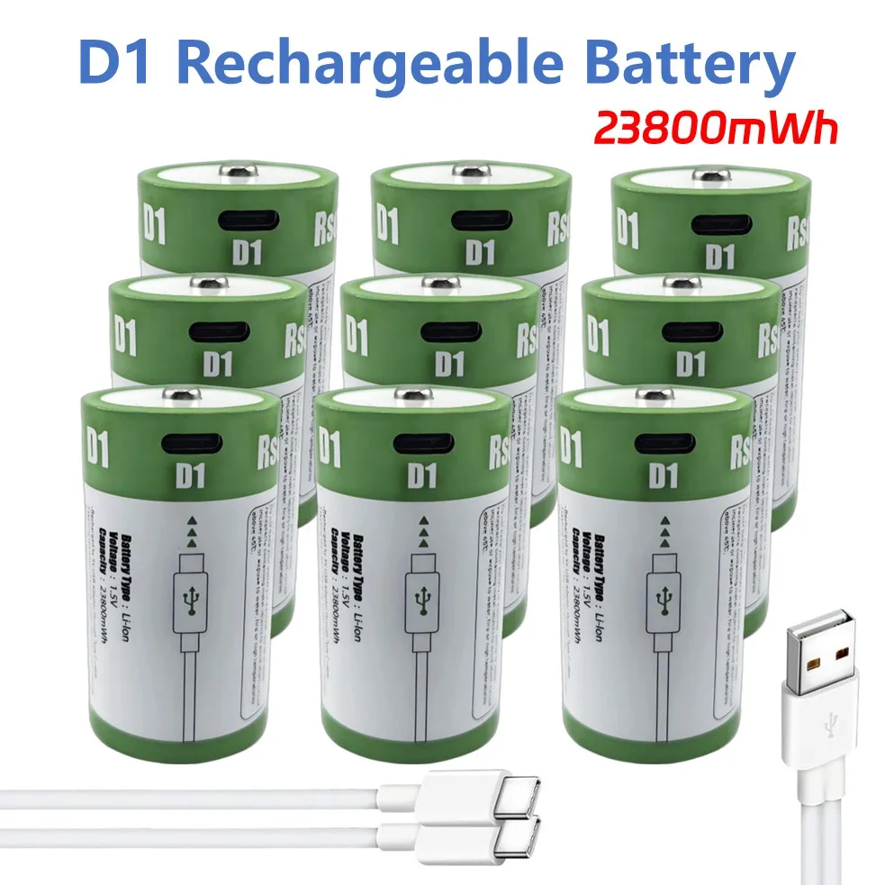 Large Capacity D Battery 23800mWh Li-ion D Batteries Type-C Charge Cable Long-life D1 Battery for Gas Stove Flashlight Radio Toy