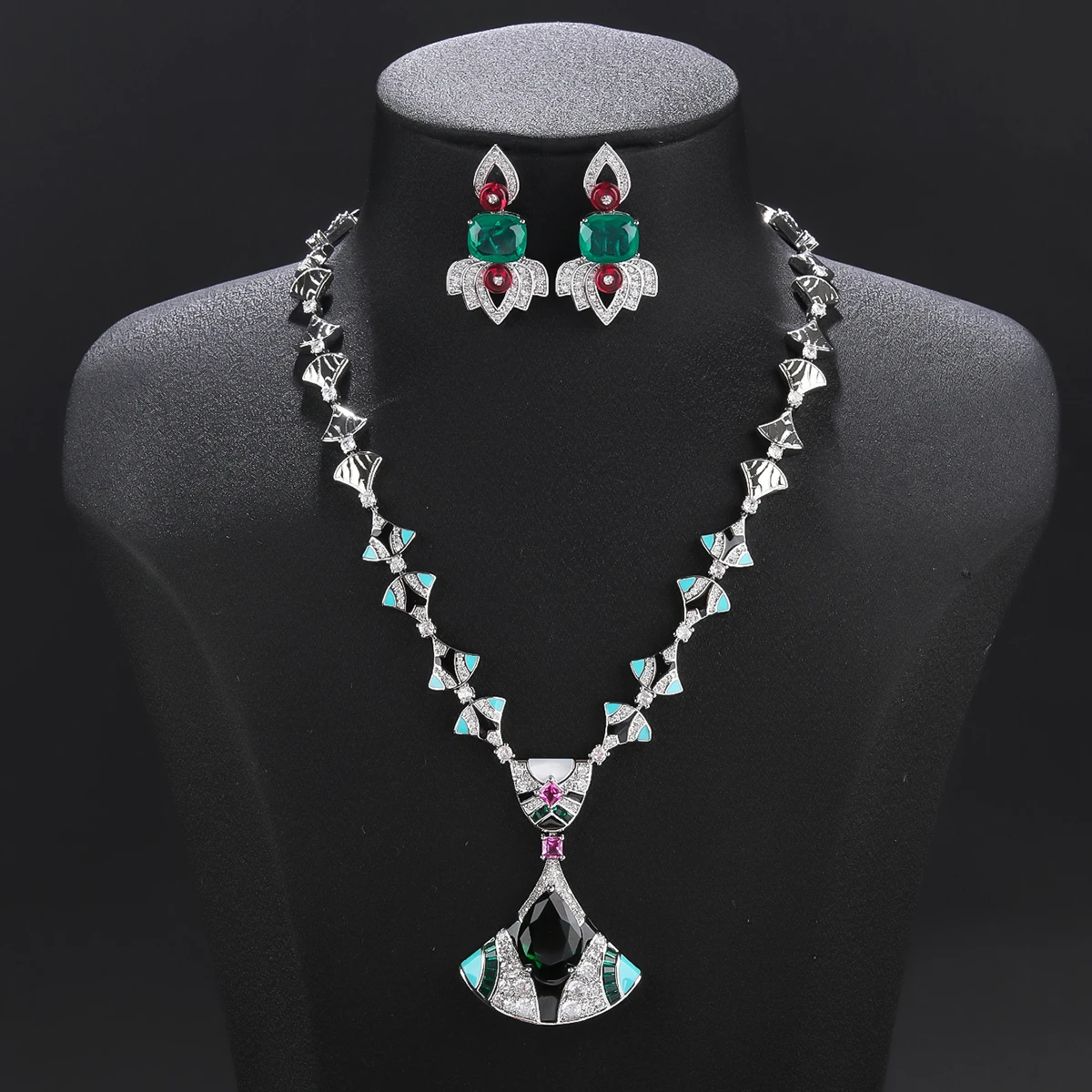 Luxury Retro Cubic Zirconia Enamel Craft Fan-shaped Design Necklace Earrings Set Lady Party Accessories CN11578