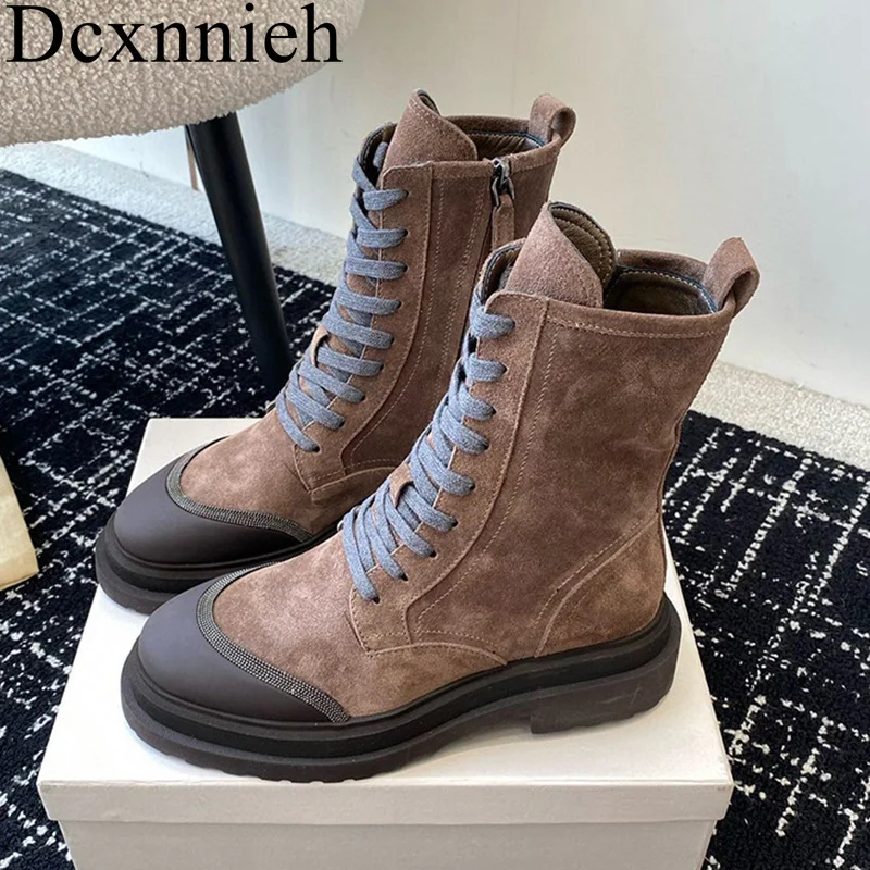 Women Round Toe Thick Sole Short Boots Suede Cross Tied Patchwork Ankle Botas Autumn Winter Lace Up British Style Short Boots