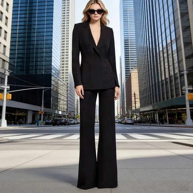 

Spring 2026 New Fashion Celebrity Sequin Suit Jacket And Pants Set Two-Piece Set High Waist Long Pants European Style Wedding