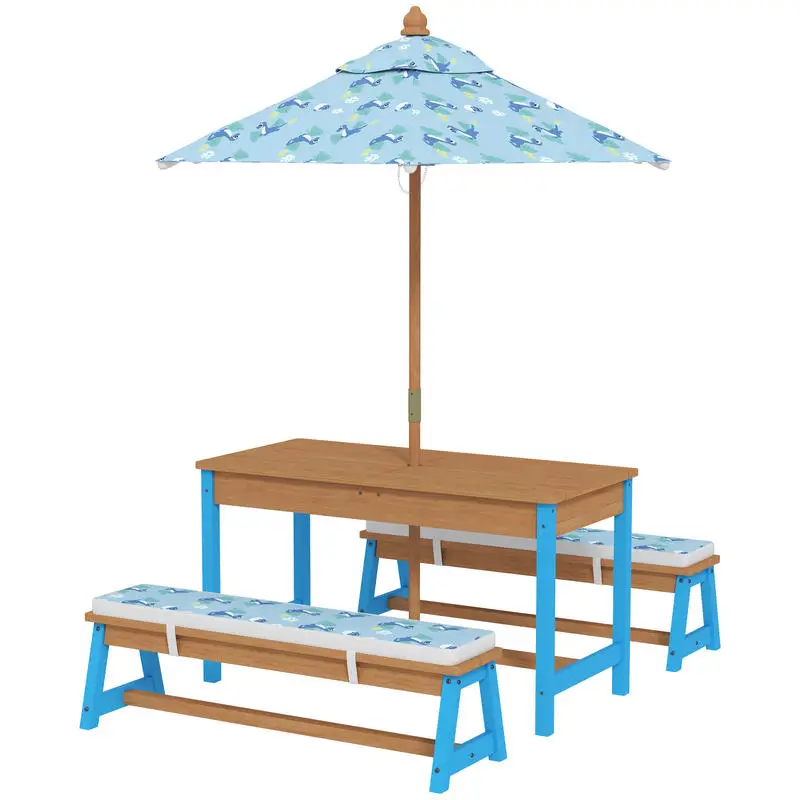 

Qaba Kids Picnic Table Set with Foldable Umbrella, Removable Cushions & Boxes, Dinosaur Theme, Blue