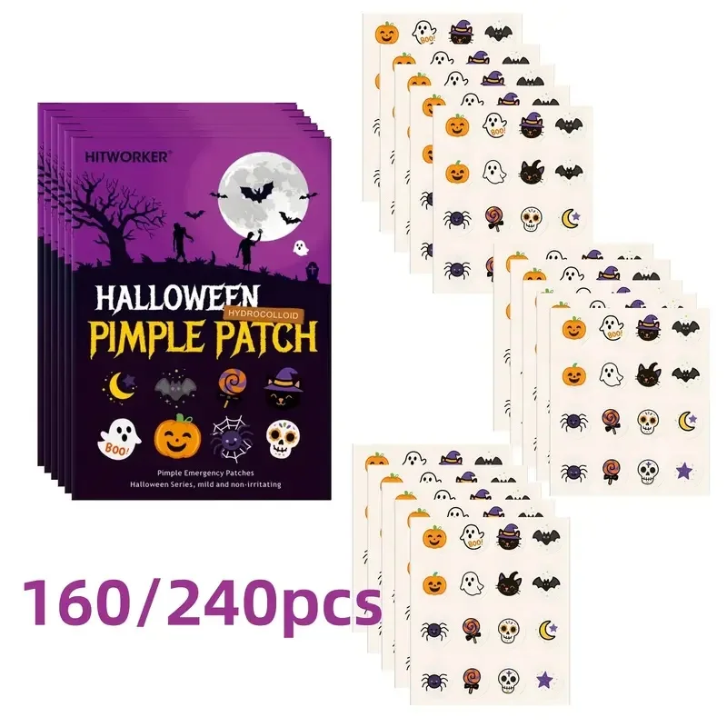 

HITWORKER Halloween Acne Patches 160/240Pcs Set Alcohol-Free Fragrance-Free Cute Ghost Witch Bat Design Individually Packaged