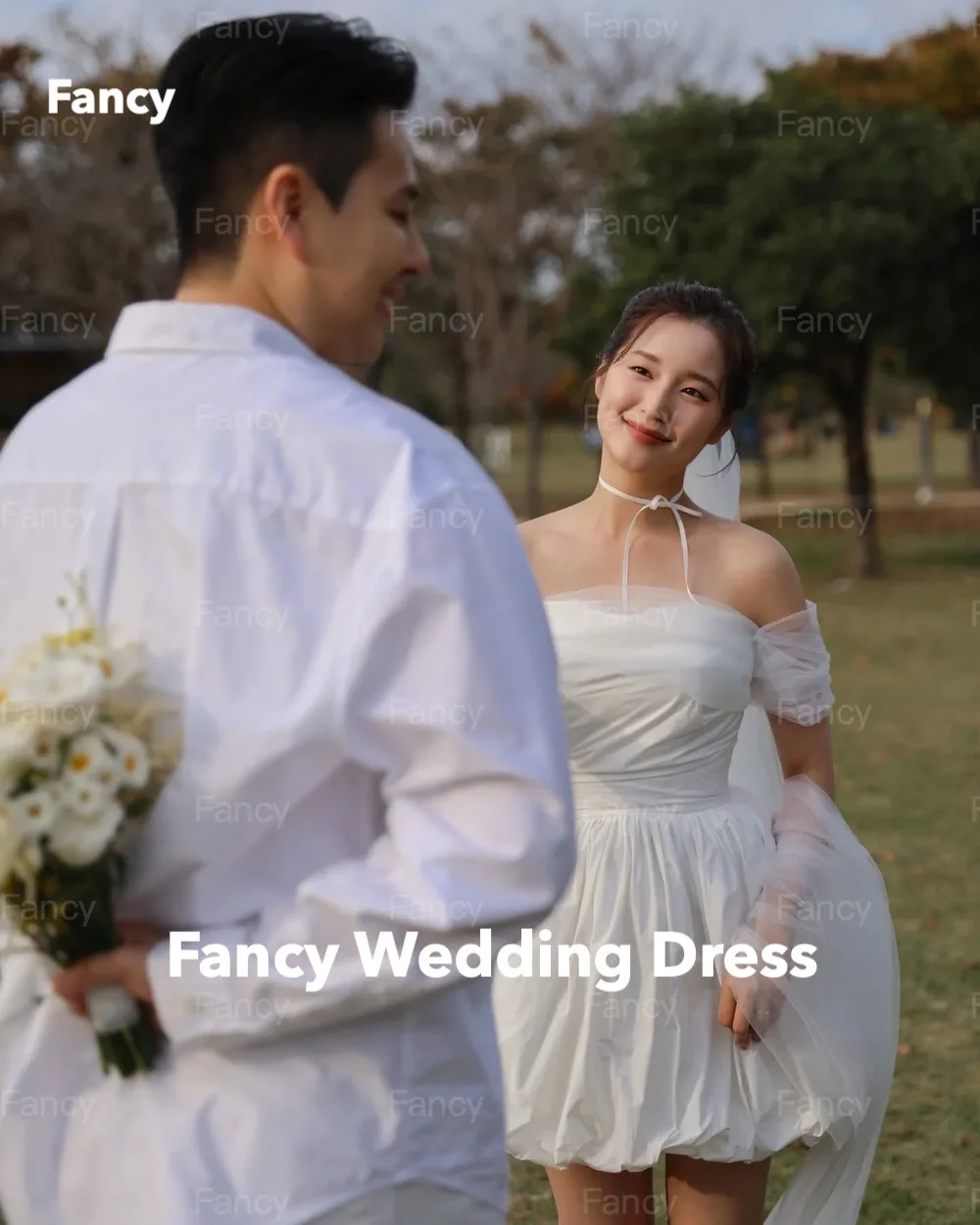 Fancy Off the Shoulder A-line Short Wedding Party Dresses Korea Photo Shoot Dresses Customized Corset Bridal Gown Above Knee