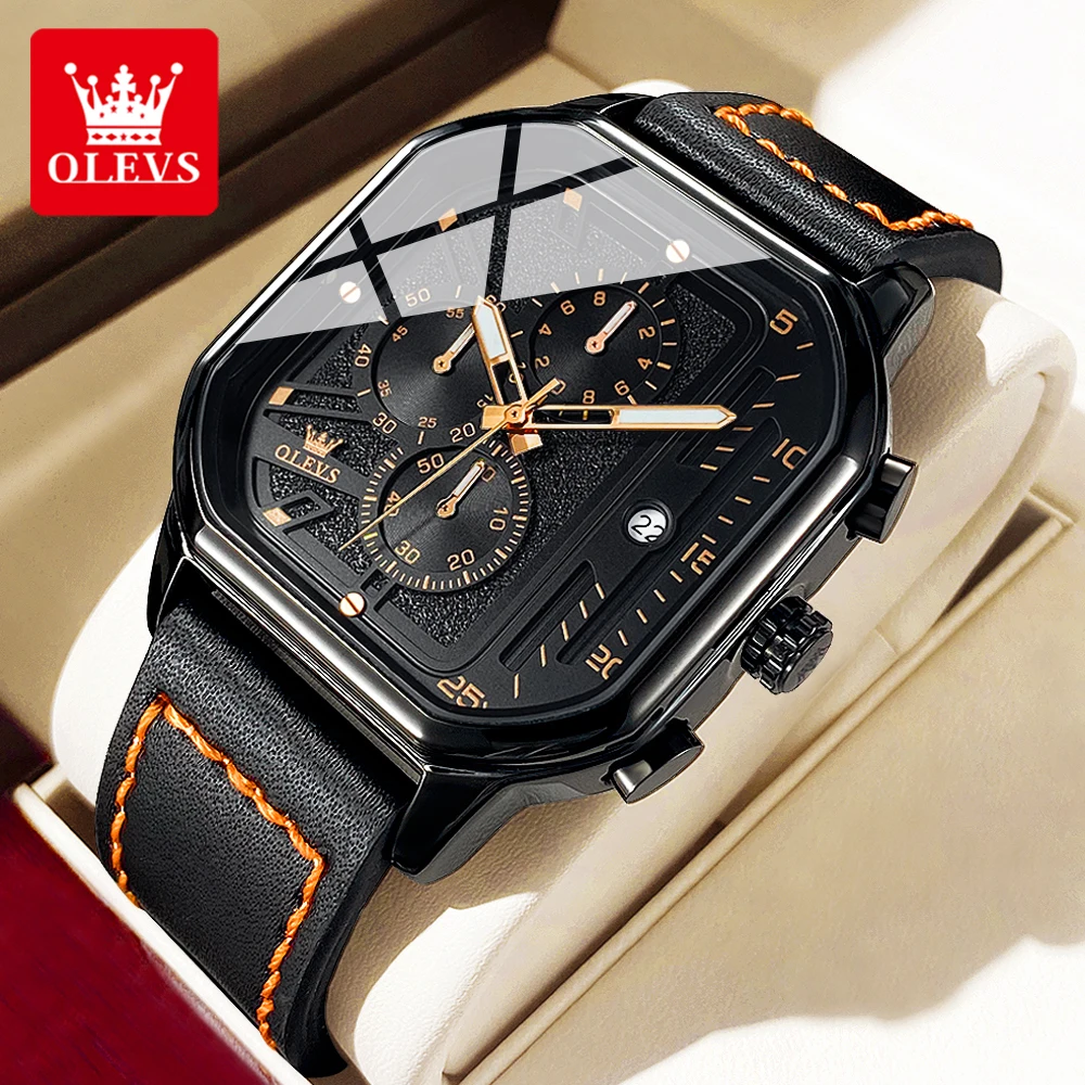 OLEVS 9950 Men Watch Trendy Luxury Waterproof Square Chronograph Leather Strap Classic Brand Original Quartz Men Watch Reloj Box