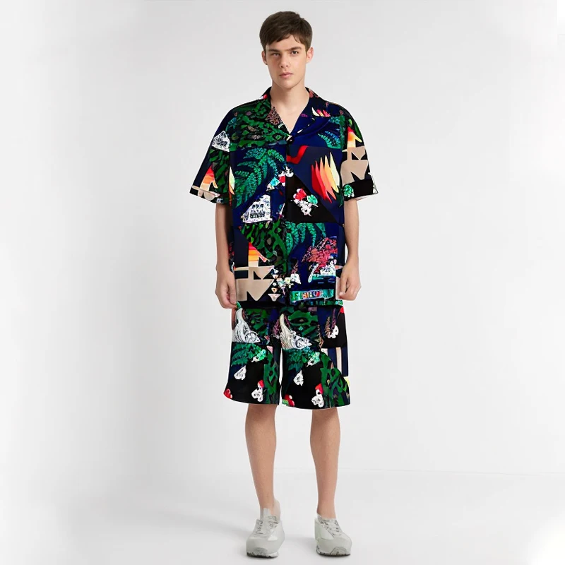 Summer Outfit Mens Short Sleeve Hawaiian Shirt Tropical Plants Print Casual Button Down Aloha Shirt Vacation Two Piece Set