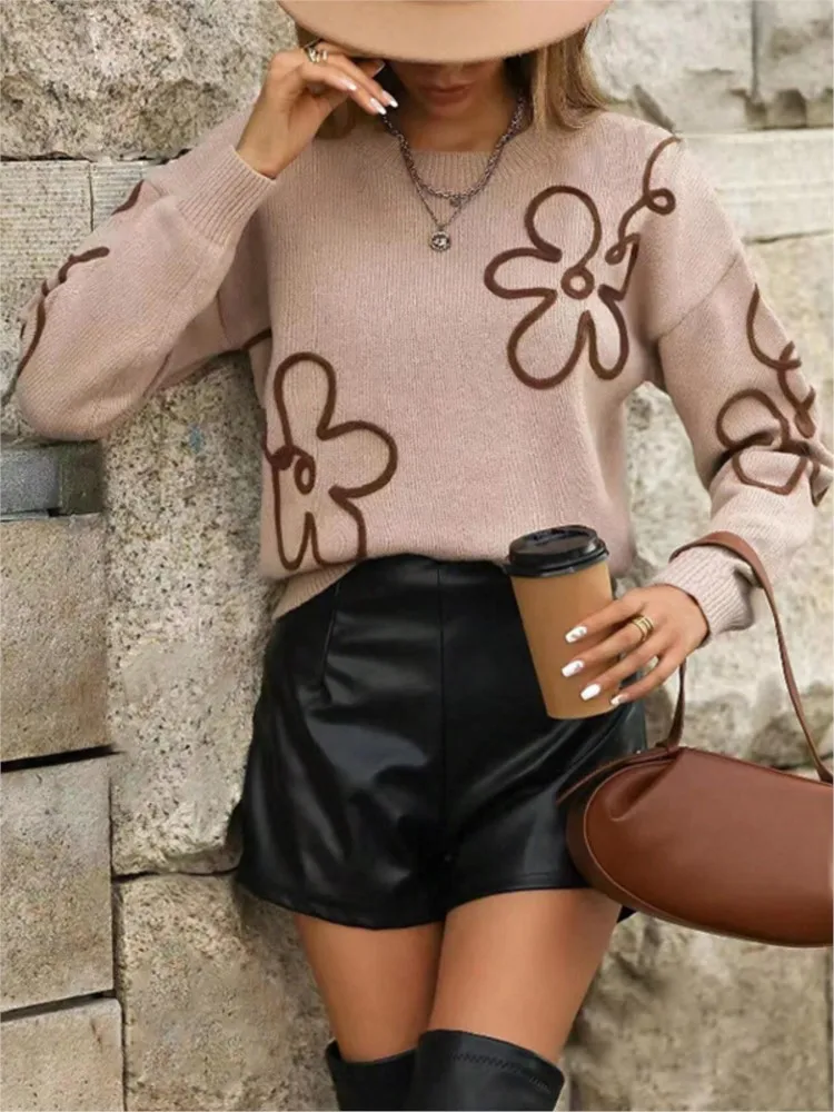 

Full Sleeve Vintage Elegant Lady Casual Winter Streetwear Autumn New Women Sweaters Floral Knit Thick Splice Pullovers Sweater