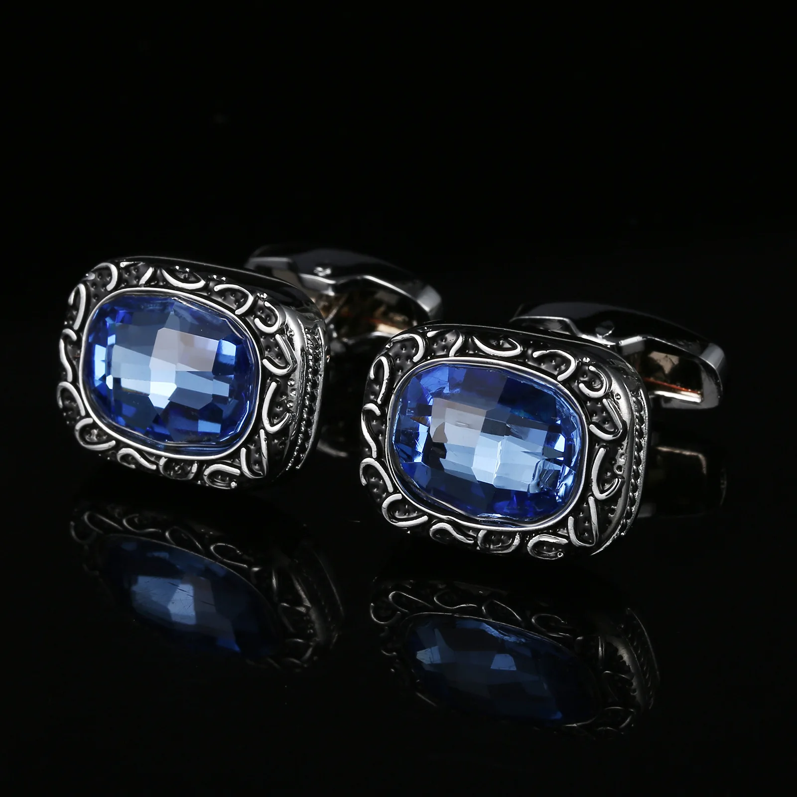 Vintage Pattern Blue Crystal Cufflinks for Men, French Shirt Dress Cuff Links for Wedding & Formal Occasions
