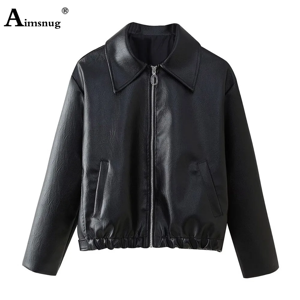 Women Faux Pu Leather Jackets 2025 Autumn Winter Fashion Zipper Outerwear Sexy Notched Disco Dance Coats Solid Motorcycle Jacket