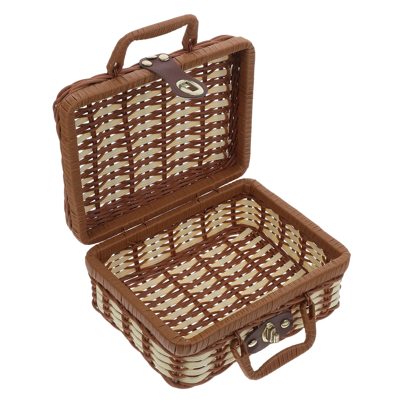 

Imitation Rattan Suitcase Basket with Handle Picnic Food Storage Prop Luggage Decorative Pp Plastic Vintage