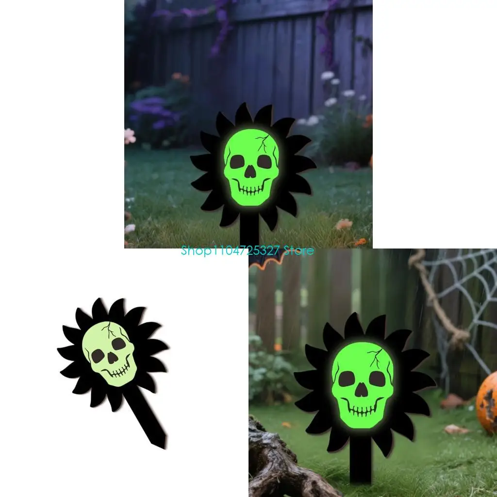 D8KF Glowing Skull Garden Marker Halloweens Durability Wooden Stake For Outdoor Use