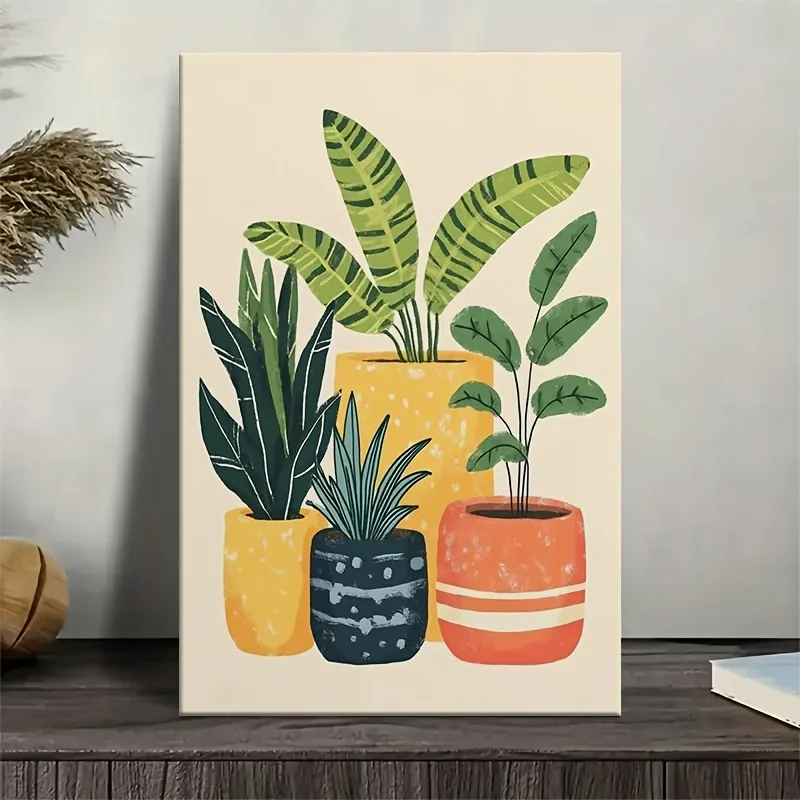 (No frame)2D Flat, 2D Flat, 1pc canvas wall art, Vibrant Potted Plants in Colorful Vessels Modern Canvas Wall Art - Wood Fram
