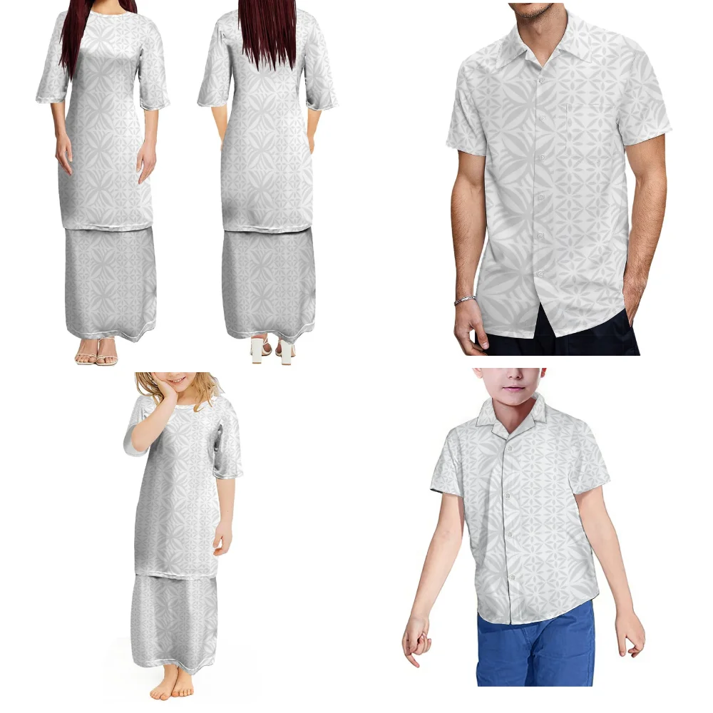 Terno familiar estilo ilha de férias branco vestido feminino puletasi terno temperamento saia longa camisa aloha masculina roupas infantis