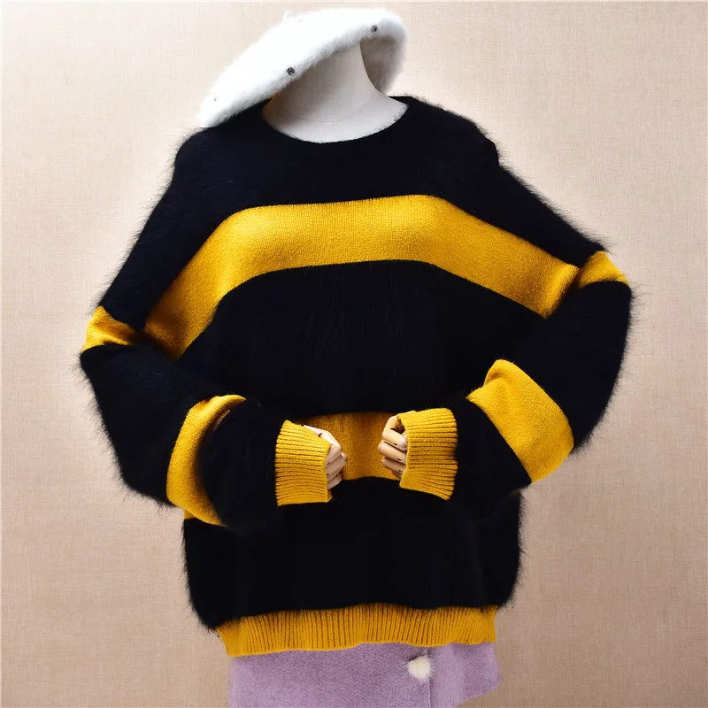 

Женский осенне-зимний модный полосатый кашемировый вязаный свитер с круглым вырезом и длинными рукавами, свободный пуловер, свитер, джемпер