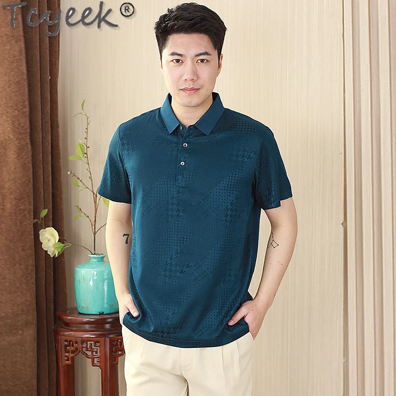 Tcyeek 92% Mulberry Silk T-shirt Male Polo Shirt Fashion Mens T-shirts Men's Short Sleeve Tops Summer Clothes 2024 Polo Homme