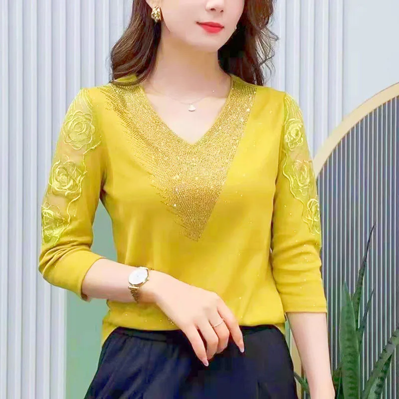 Elegant V-Neck Gauze Ruffles Sequined Diamonds Blouse Female Clothing 2023 Autumn New Oversized Casual Tops Office Lady Shirt