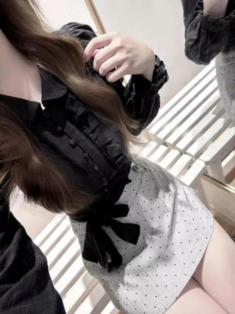 Setelan Dua Potong Vintage Prancis Elegan Wanita Atasan Lengan Panjang Hitam Chic + Rok Abu-abu Pakaian Baru Mode Slim Estetika Musim Gugur.