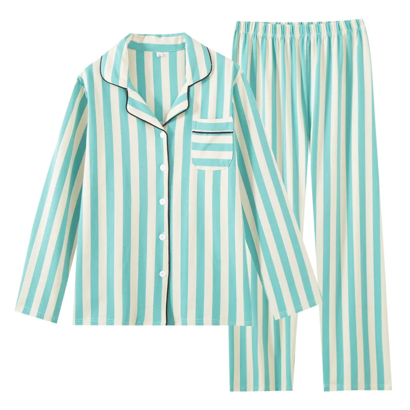 

Женский комплект пижамы из 2 предметов: хлопковая пижама с карманами, полосатая, с длинным рукавом, для сна и дома, весна