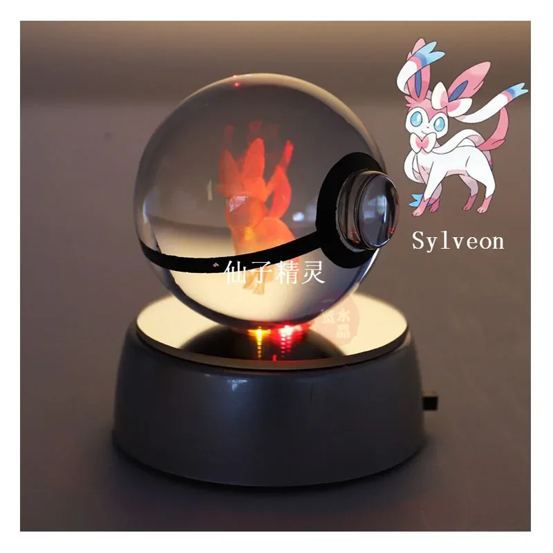 Anime Pokemon Sylveon 3D Crystal Ball Pokeball Anime Figures Engraving Crystal Model with LED Light Base Kids Toy ANIME GIFT