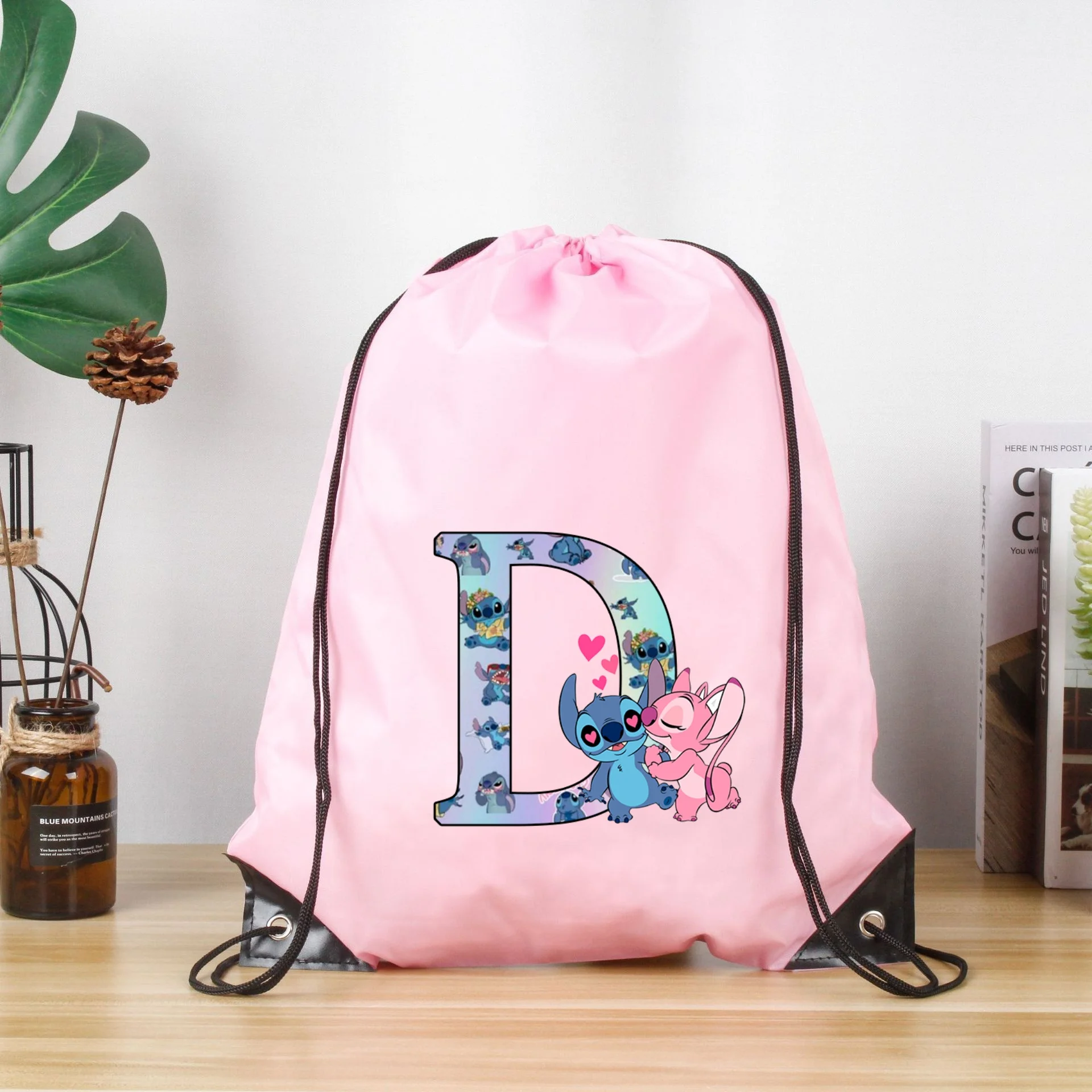 Disney Stitch Alphabet A-Z Drawstring Bag Sports Waterproof Backpack Gym Mochila Portable Polyester Organizer Birthday Gift