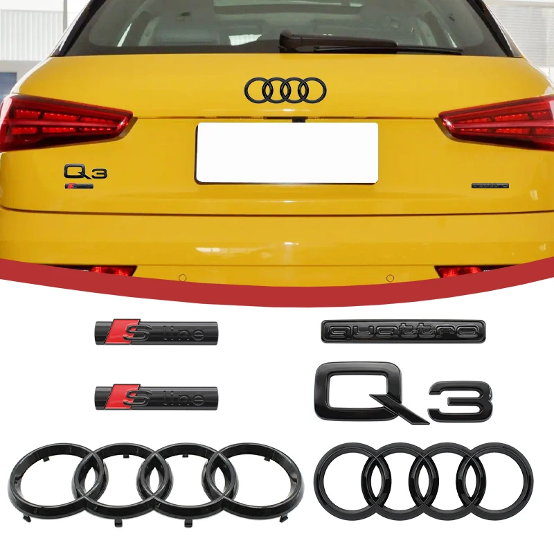 4Ring ABS Logo Black Car Hood Front Grille Emblem Rear Trunk Badge Sticker Auto Accessories For Audi Q3 2013-2022 Sline Quarrto