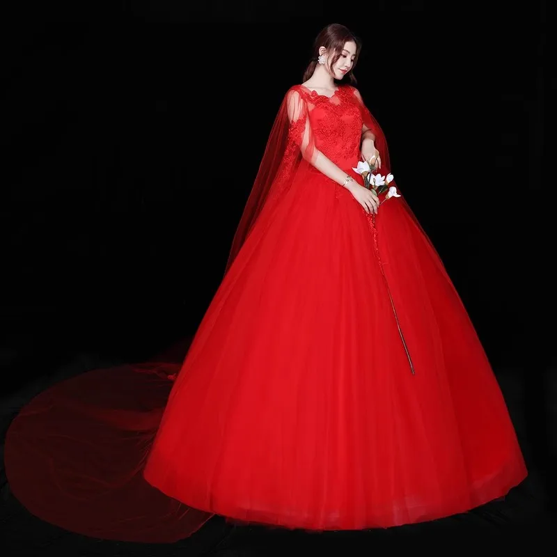 

It's Yiiya Wedding Dress Red Cheap Appliques O-neck Sleeveless Shawl Lace Princess Floor-length Plus size Bride Ball Gown XN042