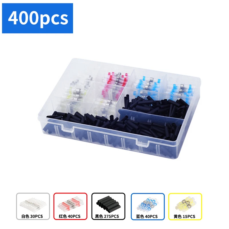 400Pcs Heat Shrink Butt Crimp Terminals Waterproof Solder Seal Electrical Connectors Wire Cable Splice Kit Automotive Marine