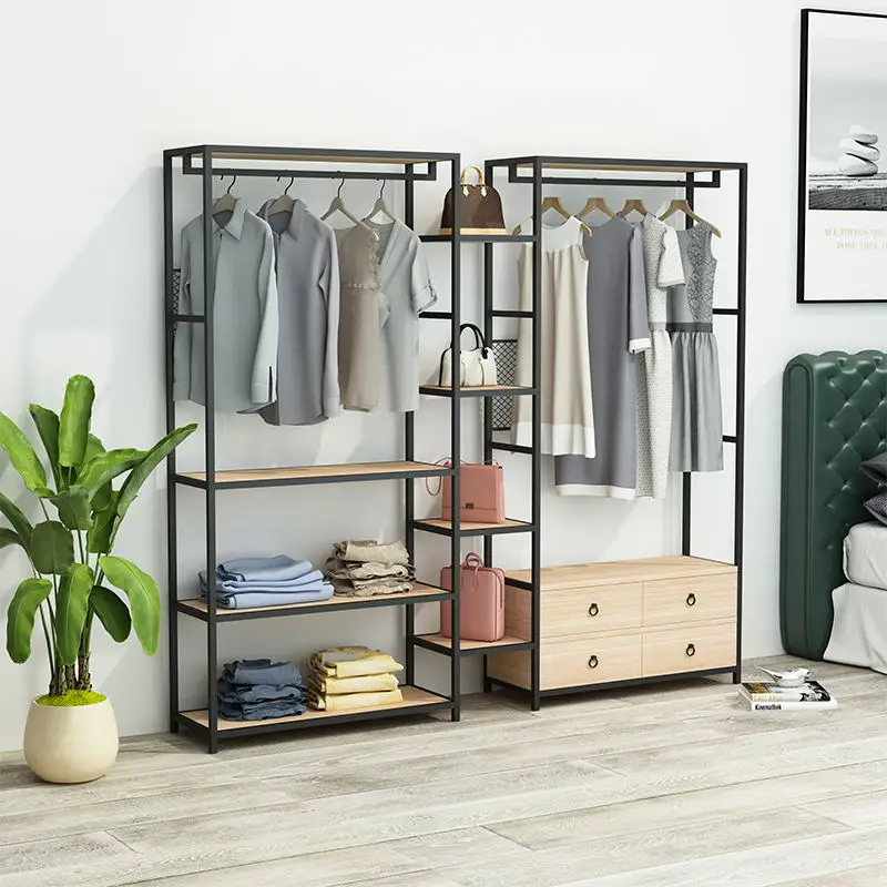 Nordic floor standing open home bedroom wardrobe clothing display rack