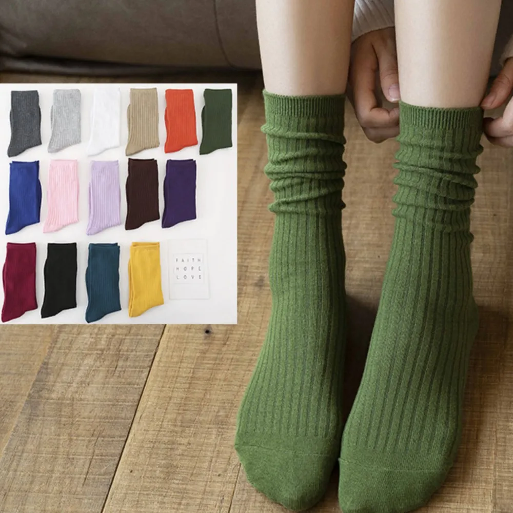 Autumn and winter new double needle socks kids women all solid color draw strip pile socks terylene vertical strip long socks