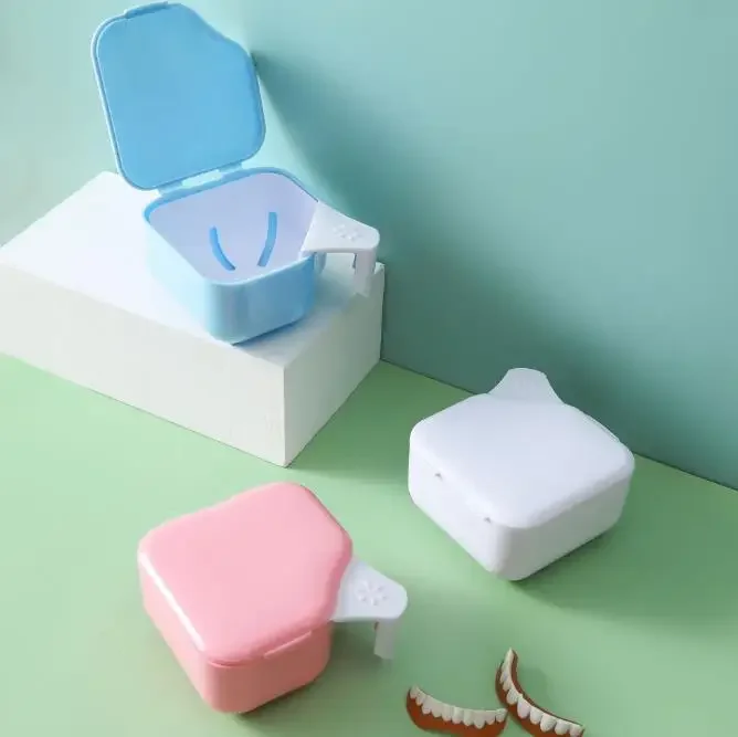 12Pcs Denture Bath Box Cleaning False Teeth Storage Box with Hanging Net Container Tooth Case Orthodontic Retainer Case