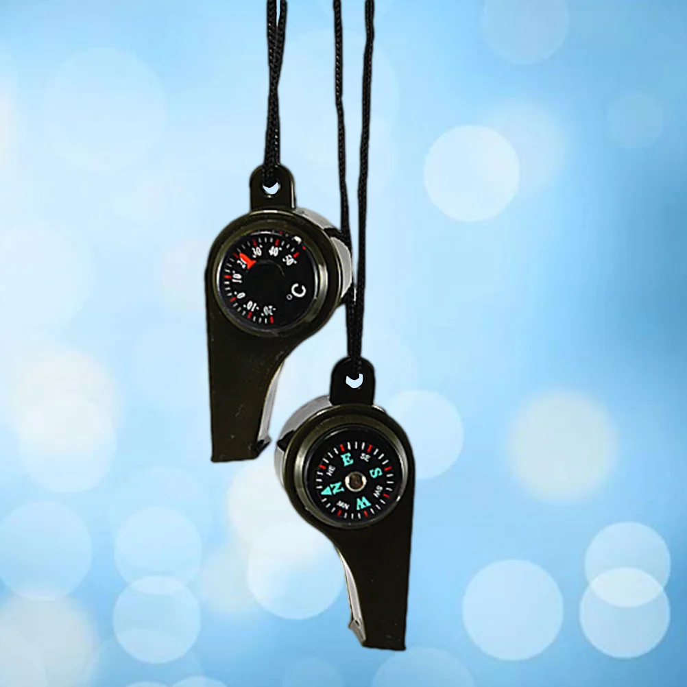 2 قطعة صفارات متعددة الوظائف 3 في 1 بقاء والعتاد البلاستيك الأسود التخييم التنزه صافرة مع بوصلة صغيرة ميزان الحرارة في الهواء الطلق