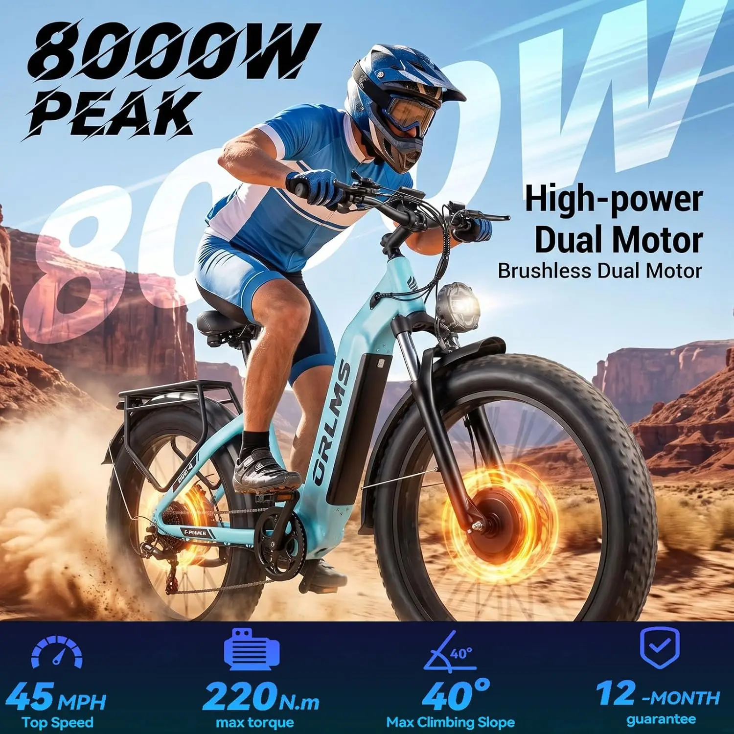 8000W Dual Motor E-Bike Adults, 45MPH 52V 26Ah Battery, 100 Miles Range, 26 Inch Fat Tire, 7-Speed Shock Absorber, Customized