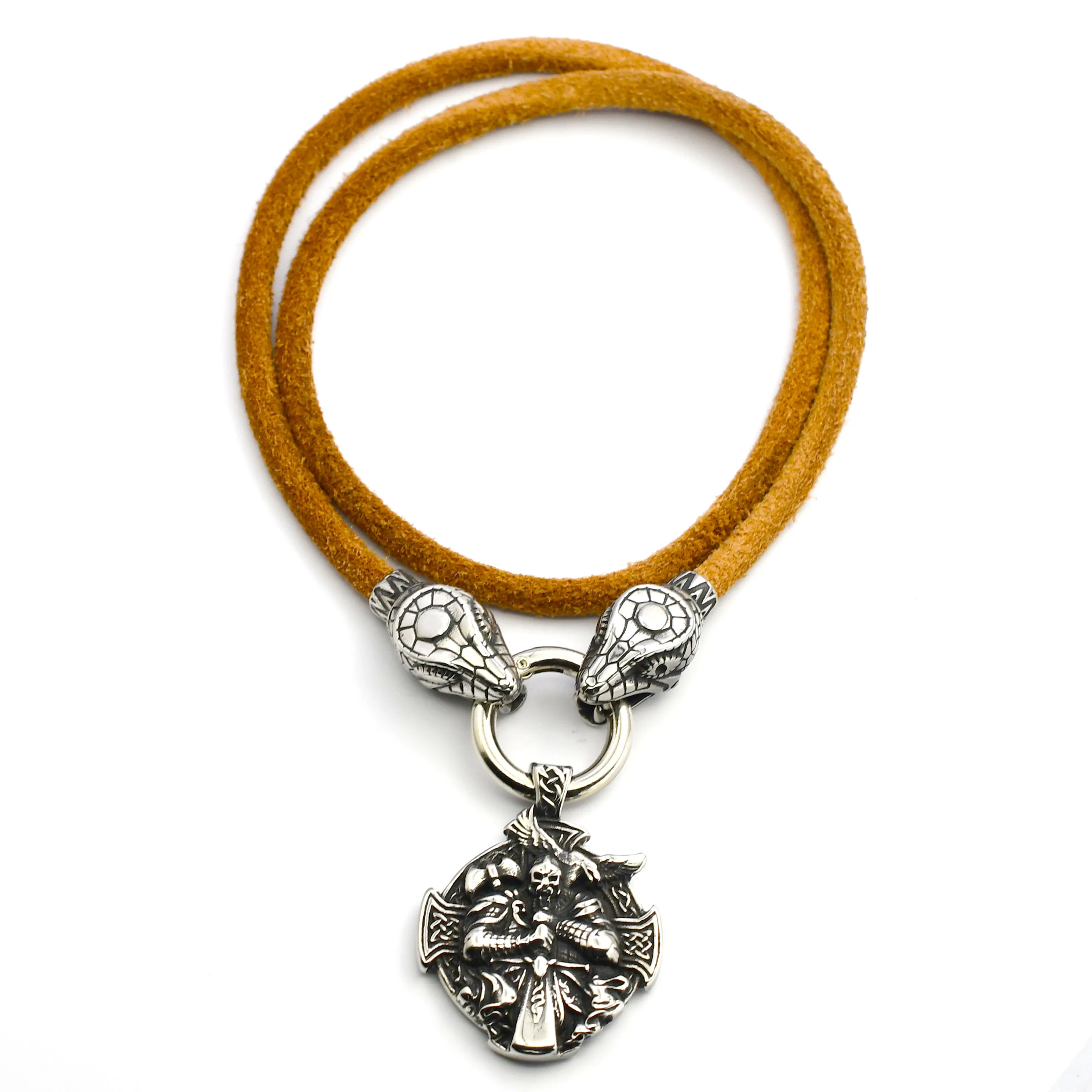 Viking Stainless Steel Snake Head Leather Chain Necklace Nordic Odin Warrior Crow Pendant Necklace Viking Jewelry
