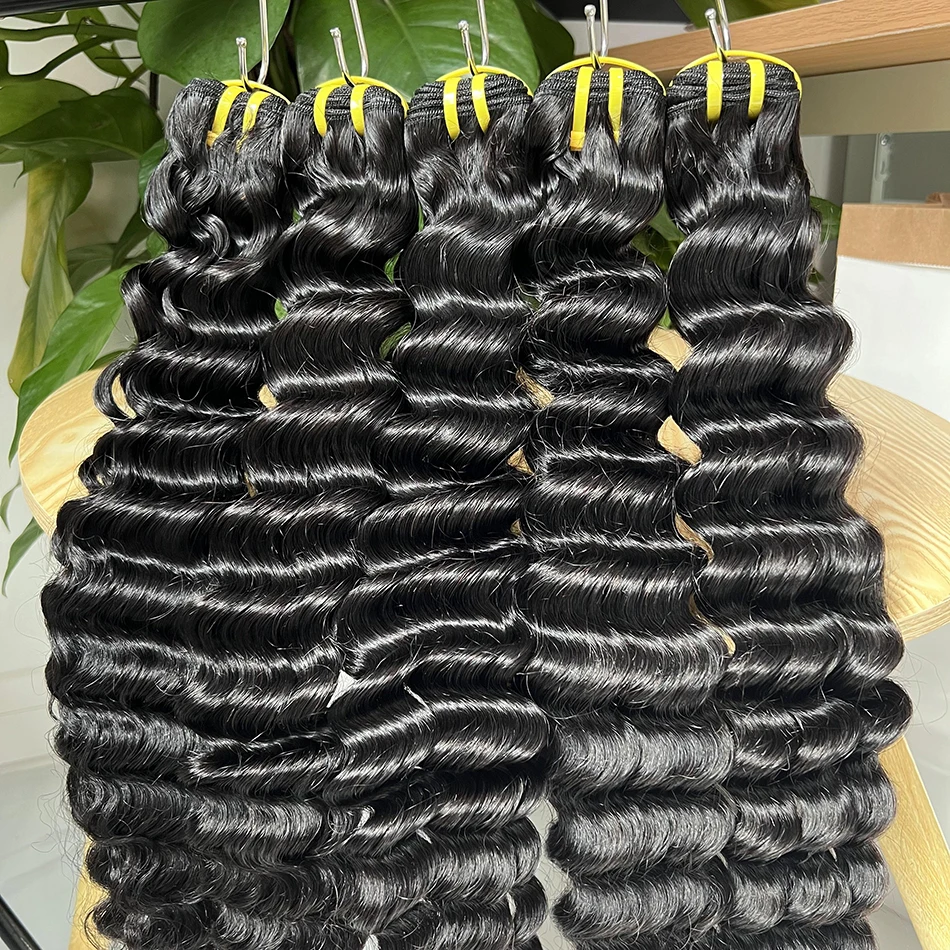 

Наборы для наращивания волос из натуральных волос с глубокой волной # Натуральный цвет 1B, 100% необработанные натуральные человеческие волосы для наращивания, 1/2/3/4 шт. для женщин