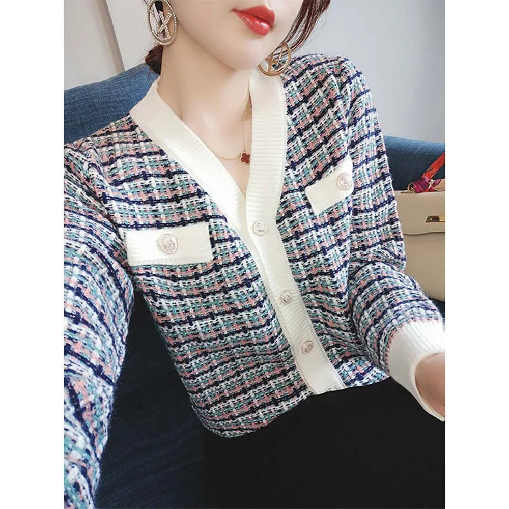 

Korean Popular Clothes Outer Knitted Plaid checkered Cardigan Autum Luxury Sweet Loose Sweater Knitwear