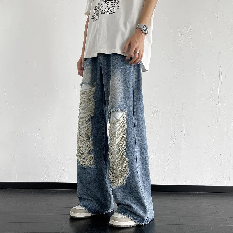 

Новые мужские потертые повседневные джинсы с высокой талией и карманами на молнии, осенние джинсы с дырками, джинсы полной длины с широкими штанинами, рваные джинсовые потертые брюки