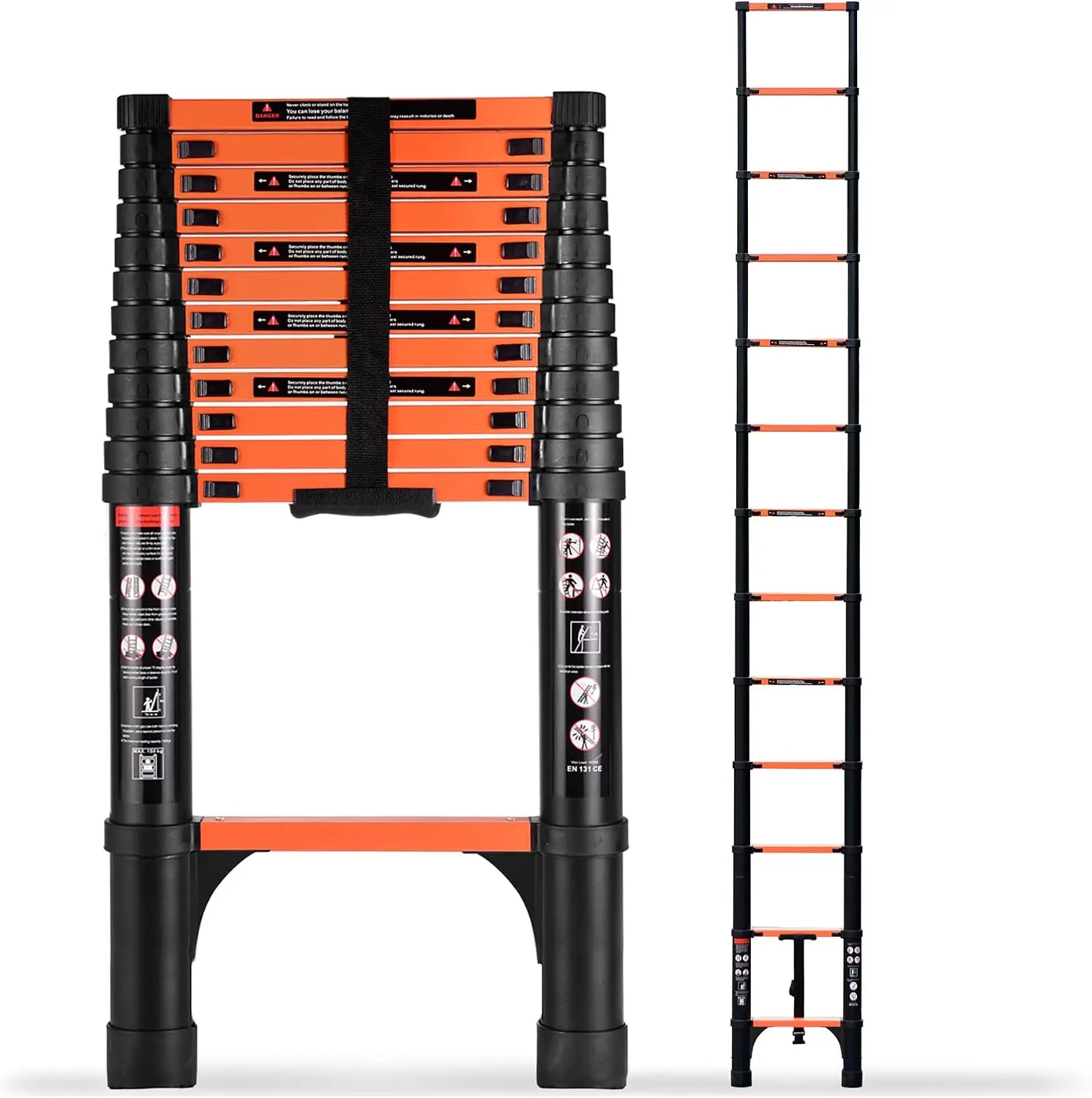 Telescoping Extension Ladder Portable Folding Straight Multi Purpose Step Ladder Heavy Duty Aluminum Frame Height Adjustable Unit For Home Maintenance Roof RV Outdoor Orange One Pack